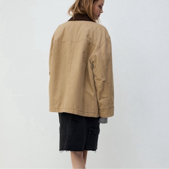 NWT H&M oversized canvas jacket beige brown chore barn jacket size XS and Small - Picture 2 of 13